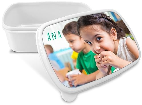 LolaPix Boîte à goûter pour enfants. Cadeaux personnalisés. Boîte à goûter avec photo. Passe au micro-ondes et ne contient pas de BPA, de filates et de métaux lourds. COULEUR BLANCHE