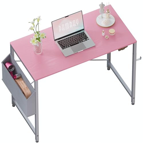 PAMRAY 80x40cm Schreibtisch Computertisch für kleine Räume mit Aufbewahrungstasche, Home Office Arbeitstisch mit Kopfhörerhaken, Kleiner Bürotisch Studie pc Tisch