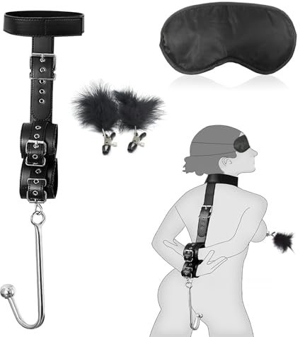 AMZII 6-in-1 Bondageset Fessel Set,mit Handschellen Sex Bett & Nippelklemmen Brustwarzen & SM Augenmaske & Halsband Frauen Sex & Knebel Mund Extrem + Analhaken,Fesseln Sex Set (6-IN-1)