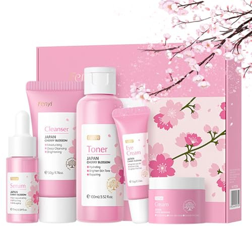 Skin Hautpflege Set für Teenager-Mädchen,Beauty Set Teenager Mädchen,Cherry Blossom Skincare Beauty Set Mädchen,Geschenk Teenager Mädchen,Sakura Skincare Set mit Cleanser,Toner,Serum,Creme,Augencreme