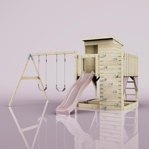 PolarPlay Spielturm Björn aus Holz in Rosa Kinderschaukel