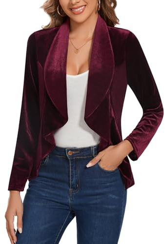 LADI TREND Blazer da donna in velluto, stile retrò, vintage, aperto sul davanti, a maniche lunghe, con volant, sfoderato, vestibilità regolare, per ufficio, riunioni, riunioni sociali, cocktail party