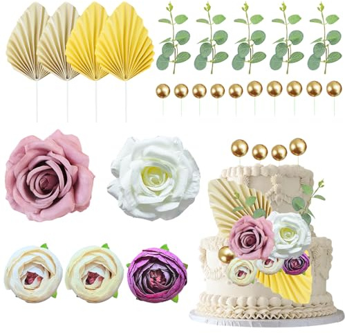 FYSL 28 Stück Boho Tortendeko, Cake Topper Geburtstag, Blumen, Kugeln, Rose, Palmblätter, Blätter, Kuchen Dekoration für Hochzeit, Geburtstag, Babyparty