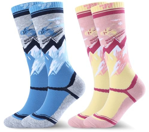 West Biking Kids Ski Socks - 2 Pairs Thick Merino Wool Thermal Socks, Multicolour, for Cold Weather Skiing & Hiking, Ages 6-15