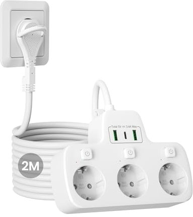 Regleta Enchufes Plano con Interruptor Individual,Ladron Enchufes USB C 3 Tomas Schuko,Enchufe Multiple Pared Clavija Extra Plana,Outlet Extender 2M Alargador Cable,Tomadas Electricas,Blanco