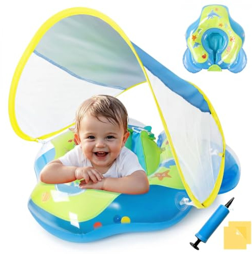 Schwimmring Baby mit Sonnendach Ninonly Baby Wasserspielring mit UPF50+ Sonnenschutz Verstellbares Design Wasser Spielzubehör für Kleinkinder 12-36 Monate Transparent Grün