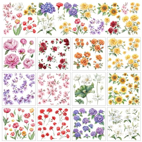 AHANDMAKER 12 Blatt Rubbel Transferaufkleber Mit Verschiedenen Blumen Rosen Sonnenblumen Hortensien Lilie Blumenaufkleber Im Literarischen Stil Für Das Arbeitszimmer Buchhandlung Wohnkultur 5.5x5.5