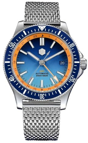 San Martin Original Design 41 mm GMT Taucheruhr NH34 automatisches mechanisches Schnellverschluss-Armband wasserdicht 200 m leuchtend SN0119, blau, Klassisch