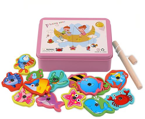 Bacxzomx Juguetes de Madera Juego de Pesca, Juguetes Educativos Montessori Niños 2 Años, Juego de Pesca Magnética, Regalos Educativos para Niños (Rosa)