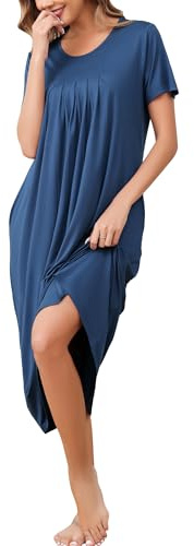 Vlazom Women's Long Nightgown Pleated Casual Nightdress Short Sleeve Soft Nighties Nightwear with Pockets,Grey Blue,XL