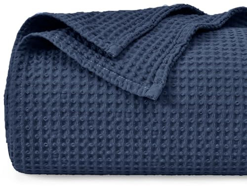 PHF Coperta in 100% cotone a nido d'ape, per letto singolo, 130 x 150 cm, leggera e traspirante, prelavata, per l'estate, certificata Oeko-TEX, per letto, divano, decorazione per la casa, blu scuro