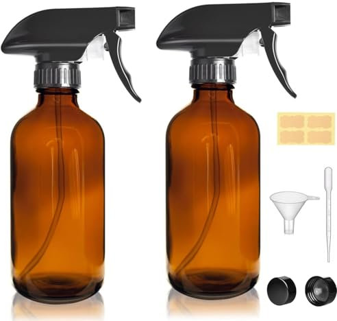 LANBEAUTIFY 236 ml sprayflaskor i bärnstensglas – 2-pack tomma påfyllningsbara flaskor för rengöring, hårvård, eteriska oljor, växter – inkluderar hållbart munstycke, etiketter, tratt och droppare