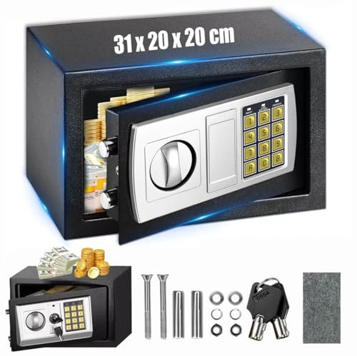 Coffres forts 8.5L Coffre fort avec clé et serrure à combinaison, Mini coffres forts avec ignifuge et étanche, petit coffre-fort domestique pour argent liquide/documents/bijoux/armes(31x20x20cm, Noir)