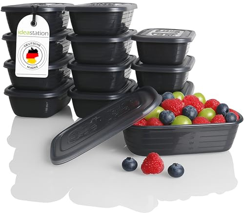 idea-station Gefrierdosen 600ml mit Deckel - 12 Stück - Tiefkühldosen | Deckel + BPA-frei + Stapelbar - flache Frischhalte-Dosen zum Einfrieren - recht-eckiges Gefrier-Behälter Set aus Plastik