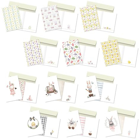 LINA OFFICINE GRAFICHE CREATIVE Set di 12 Biglietti di Auguri Pasquali, Motivi Coniglietti e Uova, 16 x 11 cm, Design Primaverile
