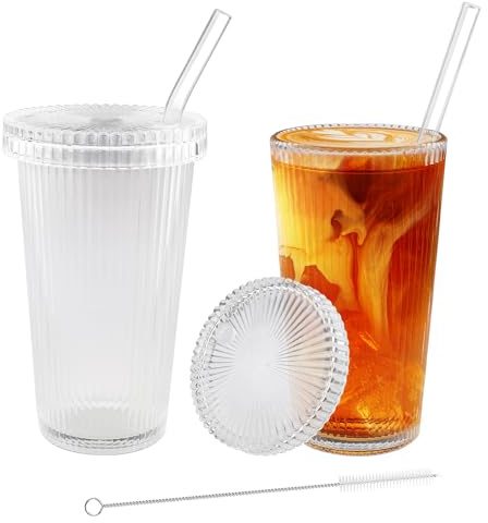 Foydream Verre avec Couvercle et Paille, 2 Pièces 375ML Gobelet Tasse a Cafe Verre a Eau Classiqueavec Brosse pour Soda Jus Lait Cocktail