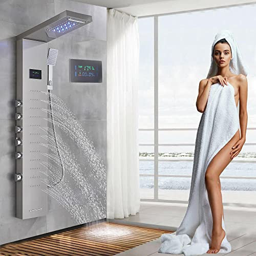 LED-Duschpaneel-Turmsystem aus gebürstetem Nickel, Regenduschkopf, Massagedüse, Wasserhahn