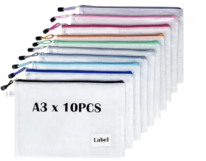 TRANBO 10 Stücke A3 Reißverschlusstaschen, Wasserdichte Mesh-Taschen Dokumententasche, Zipper Tasche zur Aufbewahrung von Ordnern, Schreibwaren,Geeignet für Schule, Büro, Reisen