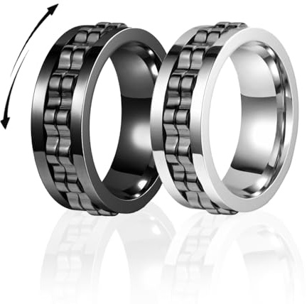 Liekadijiae 2 Pezzi Anello Antistress Uomo,Anello Acciaio,Ring Agitarsi Vintage Per Uomo Donna,Anello Uomo Anelli Nero Acciaio Inossidabile,Ring Apribottiglie,Diametro 19 MM Circonferenza 59,8 MM
