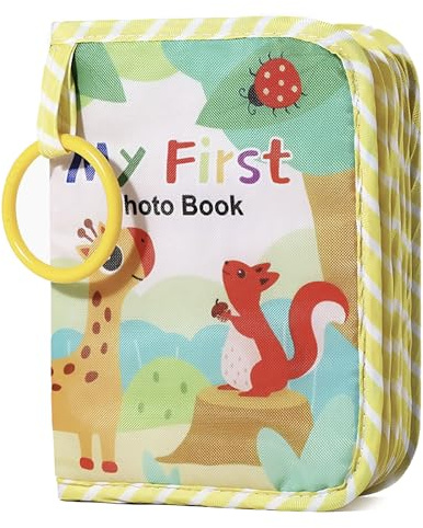Baby Photo Album Holds 17 6x4 Pictures,My First Soft Cloth Family Photo Book with Name Card Name Tag Stickers, Personalised Keepsake Gift for Babies Kids of All Ages, Boy or Girl (Animal )