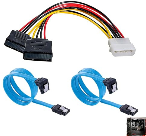 Set med 3 SATA-datakablar, SATA III rak till 90° vinklad kabel + 4-stifts molex-strömadapter till 2 SATA, SATA3-kablar med metallklämma för HDD SSD interna enheter PC