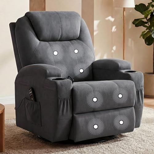 Flamaker Rocker Recliner Chair, Small Rocking Recliner for Small Spaces,360 Rocker Recliner with Vibration Massage, Upholstered Fabric Recliner Chair for Living Room, Nursery (Gray)