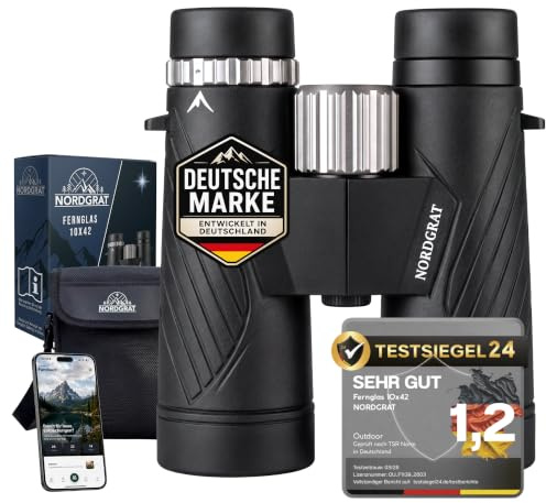 NORDGRAT Fernglas 10x42 für Erwachsene – IPX7 wasserdicht, BAK-4-HD-Prisma, FMC-Linsen, phasenkorrigiert, für Brillenträger geeignet, Stickstofffüllung, inkl. E-Book, schwarz