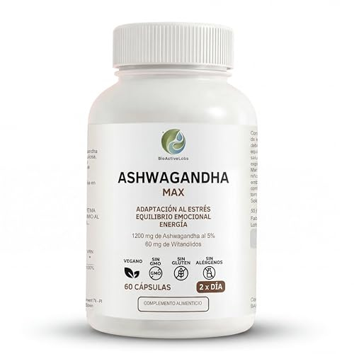 Ashwagandha MAX 1200 mg con 60 mg de Withanólidos | Extracto Estandarizado al 5% + Vitamina B6 | 60 Cápsulas Veganas | Sin Gluten Sin OGM | Fabricado en España | BioActiveLabs (60)
