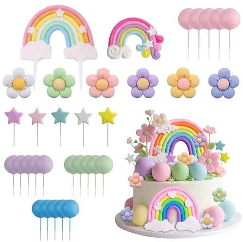 MIGIFTDY 38Pcs Rainbow Cake Topper Set, Rainbow Birthday Cake Decorations for Girls, Daisy Cake Decorations, Colorful Ball & Star Cake Topper Ornaments for Party Dessert Decor