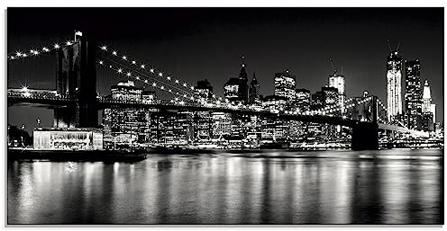 ARTland Wanddeko Glasbilder Wandbild Glas Bild einteilig 100x50 cm Querformat Skyline New York City Schwarz Weiß Manhattan Brooklyn Bridge Brücke Architektur Q2YR