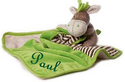 Bibos Kuscheltuch Esel mit Namen bestickt, 100% Polyester, 30 cm x 30 cm, Grün, Personalisierbar mit Namen und Farbauswahl, hochwertiges, farbechtes Madeira Garn