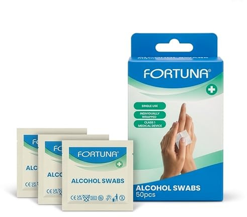 Fortuna Alcohol Swabs – 70% Isopropyl Alcohol Antiseptic Wipes | Sterile Individually Wrapped Pads for Skin Cleansing, First Aid, Wound Care & Pre-Injection Use (50pcs or 100pcs) (1 Pack of 50 Wipes)