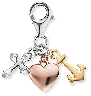 Engelsrufer Damen Charm Anhänger Liebe & Hoffnung aus Sterling Silber - drei Symbole Kreuz, Herz und Anker - dreifarbig silber, gold und roségold - Karabinerverschluss - nickelfrei