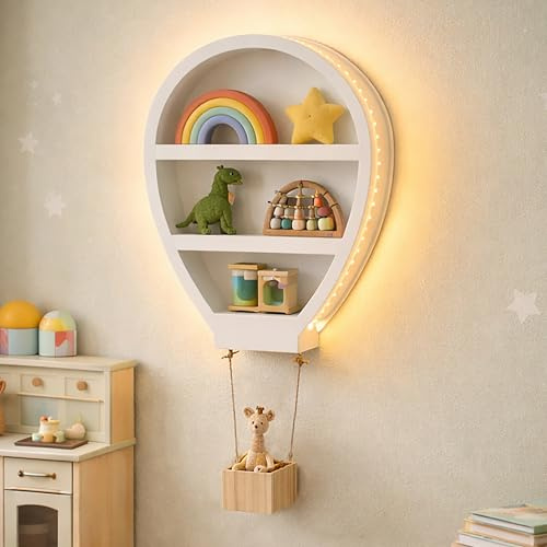 HomeZone 80cm Hot Air Balloon Wall Mounted Shelf with LED Lights White Wooden Nursery Floating Shelves for Wall Battery Operated Kids Night Light Wall Organiser for Bedroom or Nursery Decor