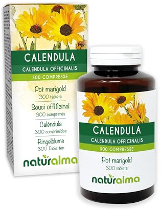 Ringelblume (Calendula officinalis) Köpfchen (Blüten) Naturalma - 150 g - 300 Tabletten - Nahrungsergänzungsmittel - Natürlich und Vegan
