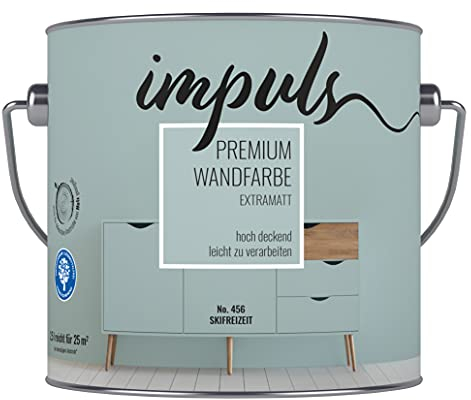 Impuls Premium Trend Wandfarbe 2,5L mint extramatt matt Farbe Innenfarbe Vintage Shabby Retro Innenwandfarbe hochdeckend Trendfarbe Wand- und Deckenfarbe (Skifreizeit)