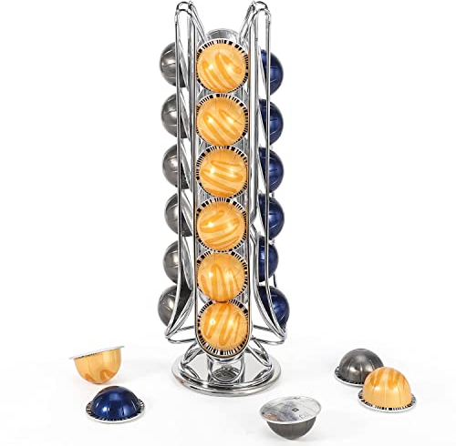 Vinsani 24 Coffee Pod Holder for Nespresso Vertuo Vertuoline - Rotating 6 Stand Storage Rack - Large Capacity Pod Organiser - Chrome