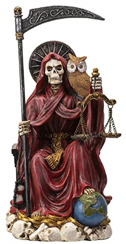 Pacific Trading Sitting Santa Muerte Red Gown with Owl Figurine 9 Inch 15250