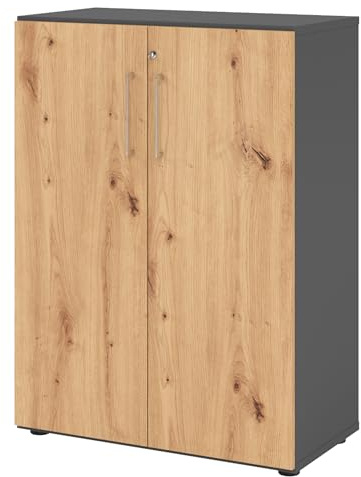 bümö Aktenschrank abschließbar, Büroschrank Holz 80cm breit in Graphit/Asteiche - abschließbarer Schrank mit Aktenregal für's Büro & Arbeitszimmer, Büro Möbel Ordnerschrank mit Schloss