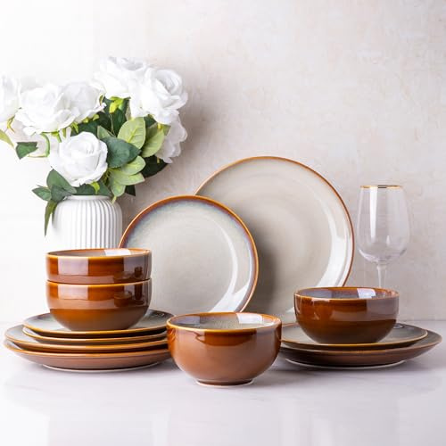LERATIO Ceramic Dinnerware Sets for 4, Coupe Plates and Bowls Sets,Highly Chip and Crack Resistant | Dishwasher & Microwave & Oven Safe Dishes set,Reactive Glaze Dinnerware- Service for 4（12pcs）