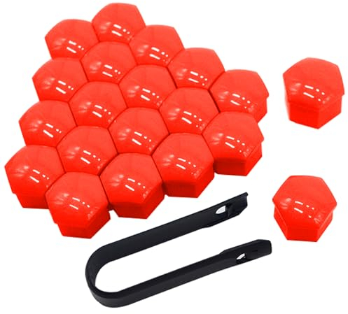 QitinDasen 20 Pezzi 19 mm Auto Ruote Copridado, Tappo Dado Bullone Ruota, Tappo a Vite Mozzo Ruote Auto Universale, Coperchio Dado Pneumatico Esagonali con Strumento di Rimozione (Rosso)