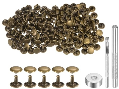 sourcing map Set di 100 rivetti per pelle, 8 x 10 mm, in metallo, a doppio tappo, bottoni a pressione con 3 strumenti di regolazione, rivetti per artigianato in pelle, decorazione fai da te,