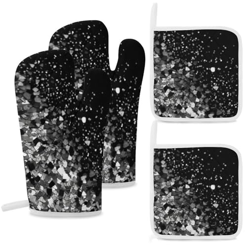 Ofenhandschuhe und Topflappen, hitzebeständig, Ofenhandschuh und Topflappen, Schwarz / Weiß, Glitzer, Grillhandschuhe, Kochhandschuhe für Küche, Backen, Grillen, 4-teilig