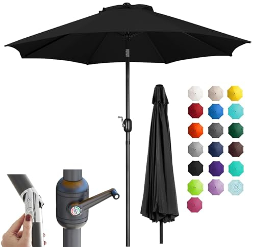 270cm Groß Outdoor-Sonnenschirm, 8 Rippen, Wasserdicht Polyesterschirme, Kippbar-/Kurbel-Marktschirm für Garten, Rasen, Deck, Hinterhof und Pool, Schwarz (Size : Black)