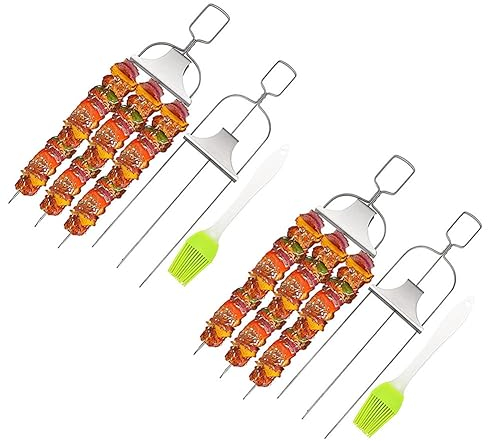 Clyictz Grillspieße Aus Silbernem Edelstahl, 3 Zinken, Flach, Lange Metallspieße, Grillwerkzeug zum Grillen, Wiederverwendbare Stäbe zum Grillen, im Freien