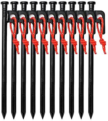 Robuste Zeltheringe, Zeltpflöcke, Campingzeltpflöcke, mit Haken und Loch, mit robuster Tragetasche, für Outdoor-Ausflüge, Wandern, Gartenarbeit, große, harte Böden, felsig, schwarz (schwarz, 10