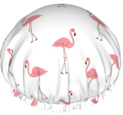 Wiederverwendbare Duschhaube für Damen, Cartoon-Duschhaube mit süßem Flamingo, doppellagig, wasserdicht, Haarschutz für die Dusche, verstellbares Gummiband, Duschhut für den Home-Spa-Salon, Badehauben