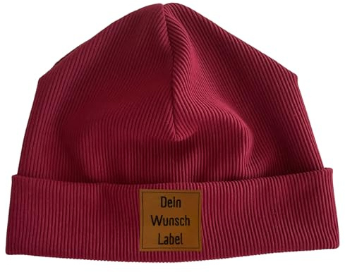Handmade Herbst Winter Beanie Mütze für Kinder aus Rippjersey Kindermütze mit Kunstleder Label 23 Farben Mädchen Junge Baby Kleinkind personalisiert Babymütze Weihnachtsgeschenk