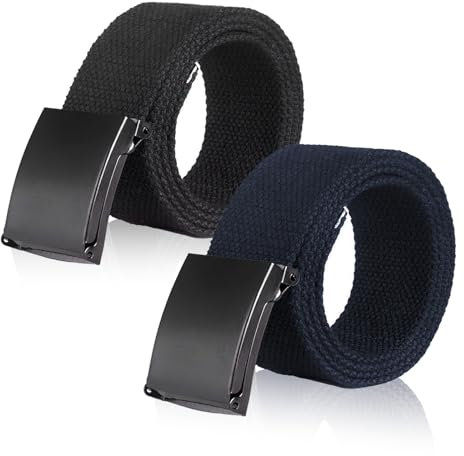 KEYRI 2-Piece Men's Canvas Work Belts with Metal Buckle, Adjustable, No Holes, Lightweight Nylon, Suitable for Anywhere, Plus Length 135 cm (Black+Blue)