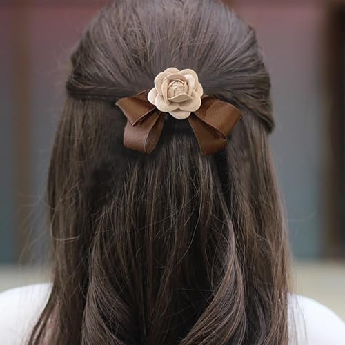 TseenYi Kamelie Schleife Haarspangen Kamelie mit Schleife Knoten Haarklammern Braun Kamelie Blume Clips Haarspange Große Fliege Haarnadel Kopfschmuck Braut Hochzeit Satin Haarschmuck